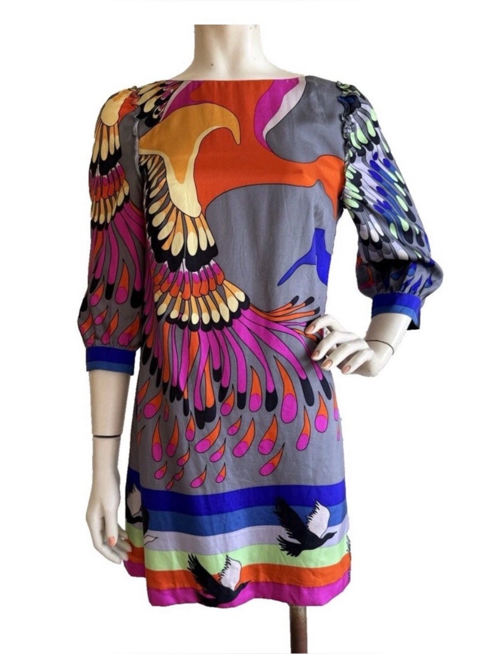 TIBI Silk Dress Bright Peacock Print Mini Shift Tunic Size 2